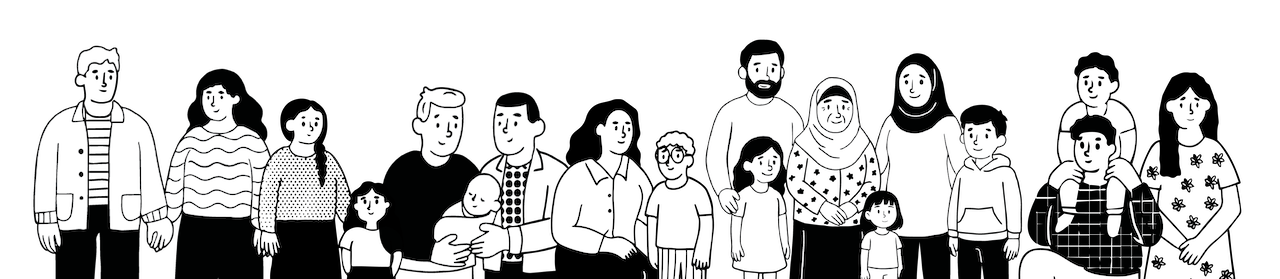 A black and white illustration of people, children, babies and families standing together, holding hands and sitting on each others shoulders