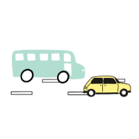 An illustration of a bus and a car driving on the road